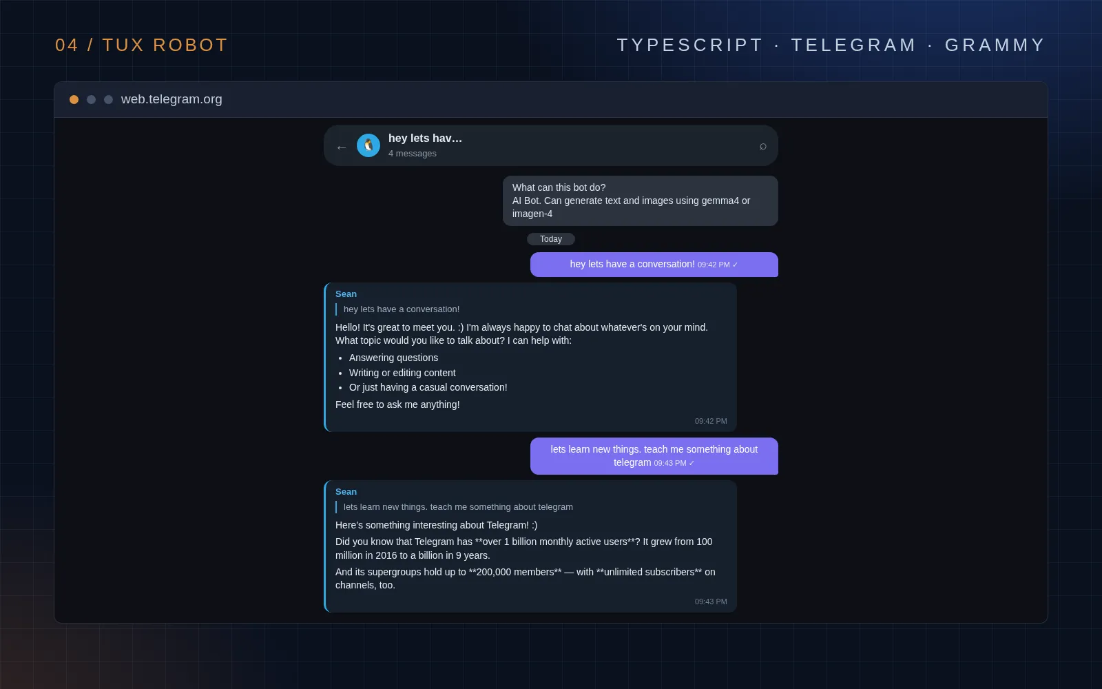 Tux Robot holding a conversation in Telegram